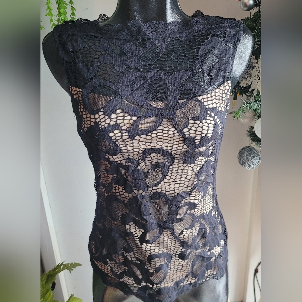 Suzy Shier Black Lace Tunic Top